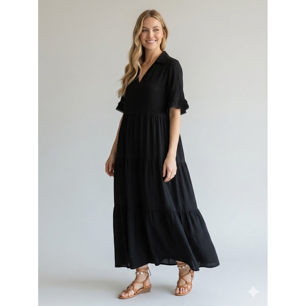 Chico's Tiered Sun Dress Women Size 0 (US 4/6) Black Linen Maxi